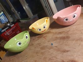 3 Stk Müslischalen mit Tiergesichter grün, gelb, rosa