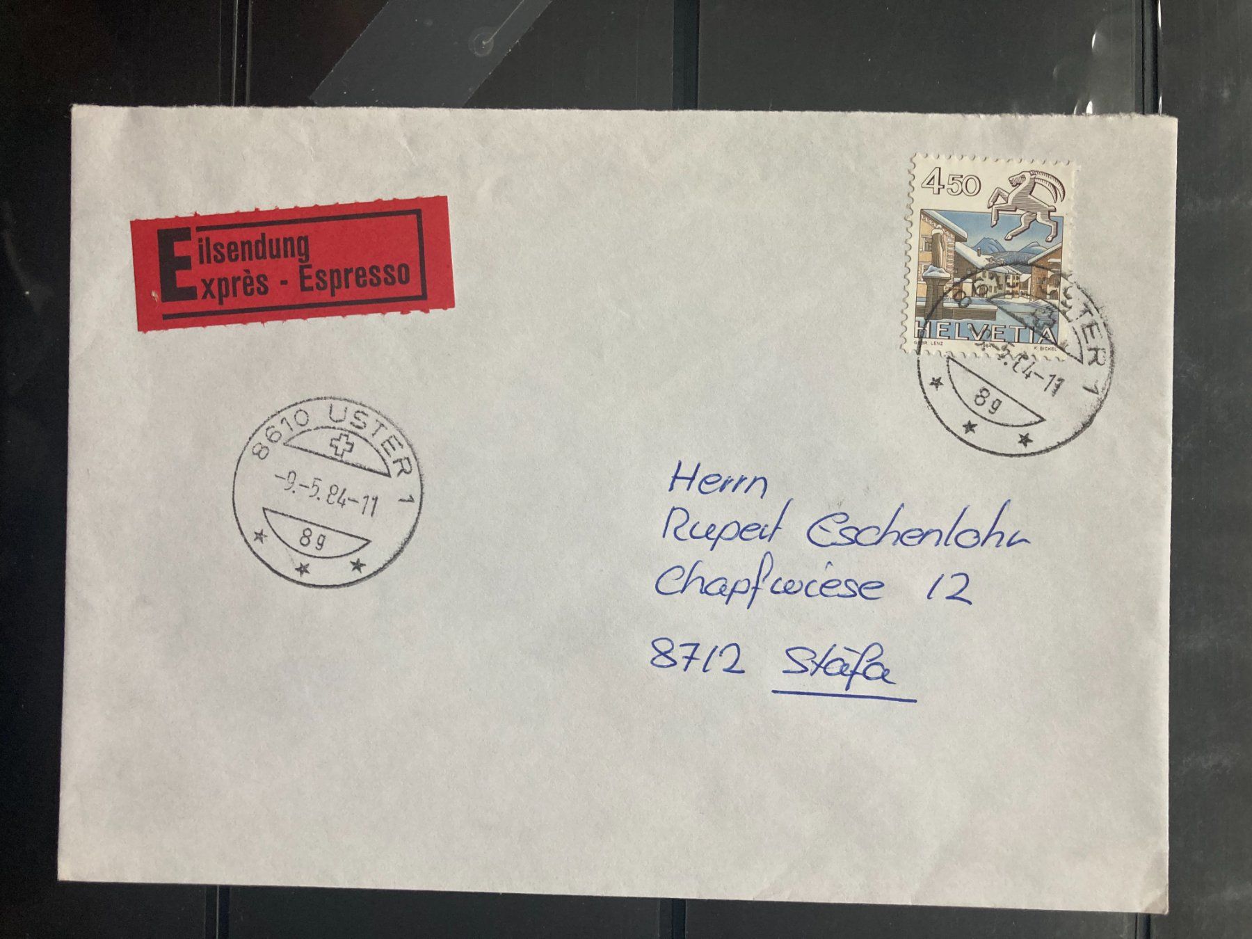 Alle Briefmarken: Schweiz 1984 Eil-Brief 4.5 Fr. Steinbock 8610 Uster – Gebraucht aus Liestal von schnueps