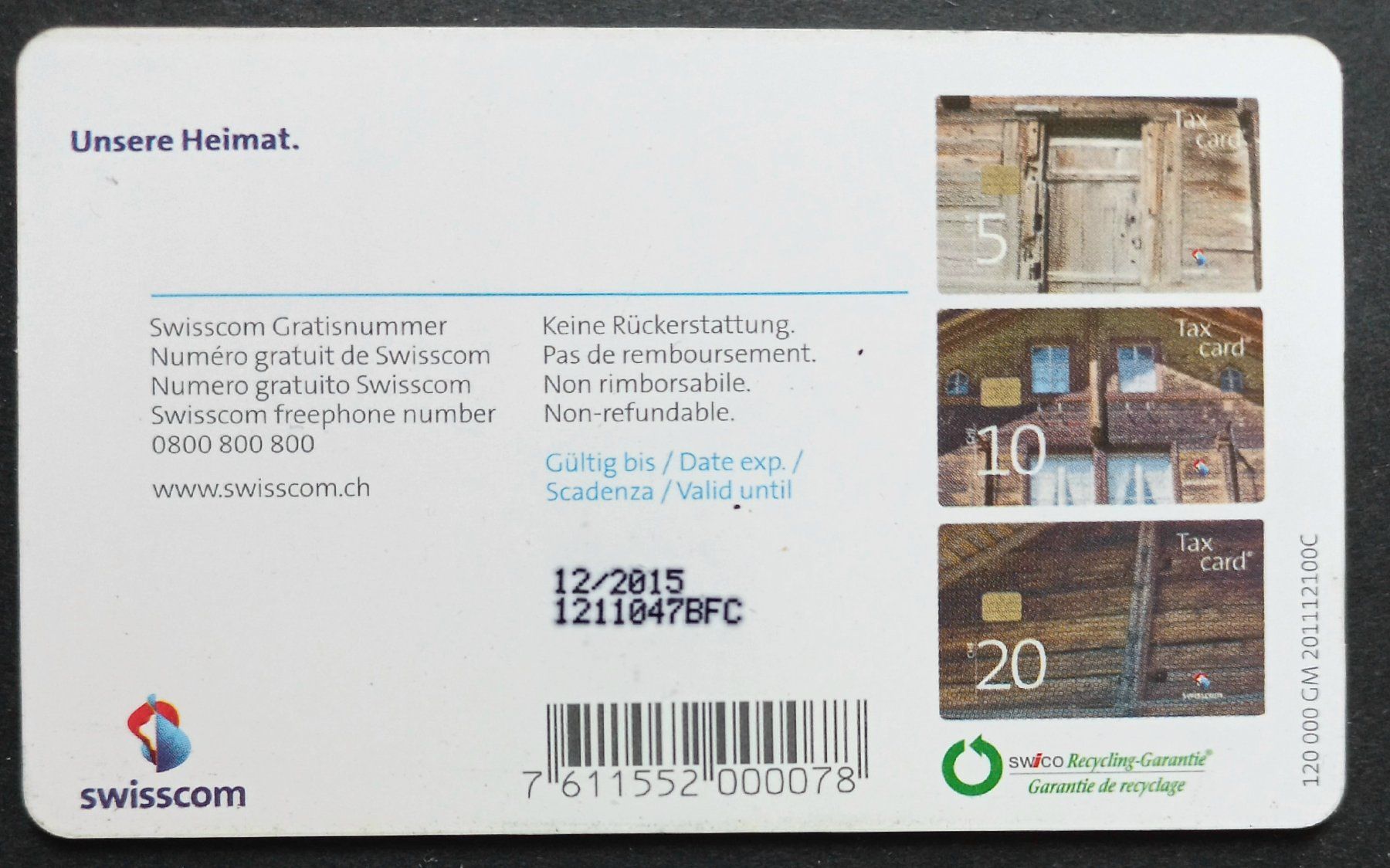 Swisscom Schede telefoniche: Taxcard - Unsere Heimat - CH – Usato da Niederuzwil venduto da lubimaja 1