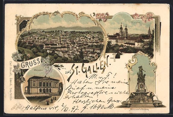 Cartoline postali: Litho St. Gallen, Totalansicht, Kloster, – Usato da Berlin venduto da bartko-reher