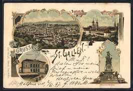 Litho St. Gallen, Totalansicht, Kloster,