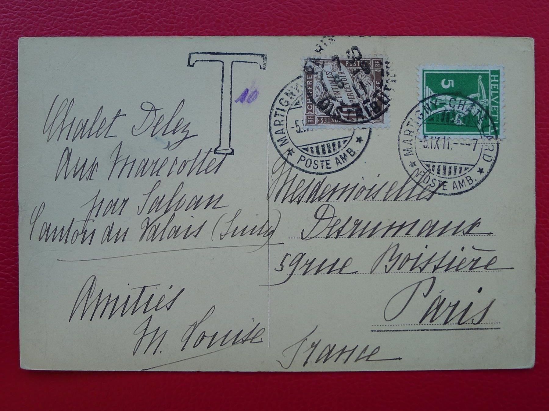Alle Briefmarken: 1911, Bahnpost: MARTIGNY - CHÂTELARD taxiert nach Paris. – Gebraucht aus Sursee von Luzernerraute