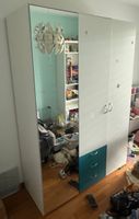 Armoire blanche 3 portes avec miroir et tiroirs turquoises