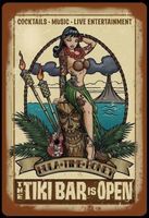 Blechschild-TIKI BAR IS OPEN MIT PIN UP