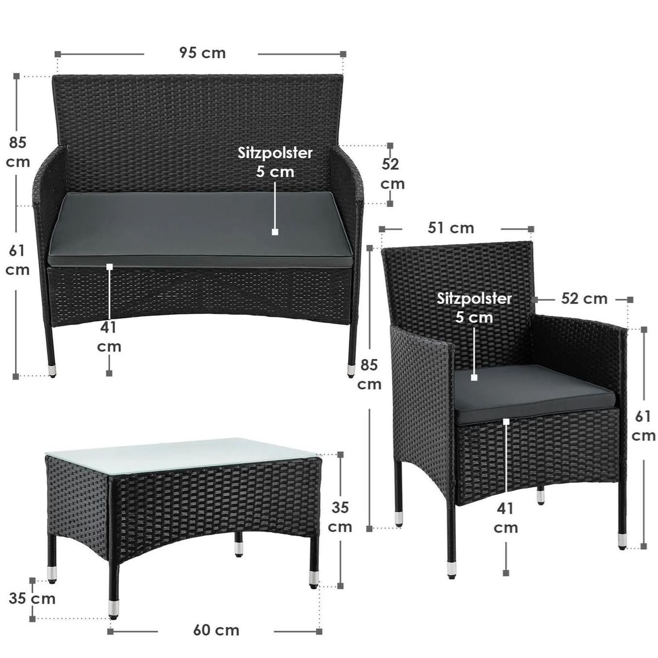 Set di tavolo e panche: Polyrattan Gartenmöbel-Set Schwarz Gartenmöbel – Nuovo e nell'imballaggio originale da Wallenwil venduto da toesstal-vertrieb 9