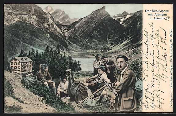 Cartoline postali: Seealpsee, Wanderer am See mit Altmann u – Usato da Berlin venduto da bartko-reher