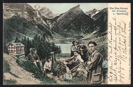 Seealpsee, Wanderer am See mit Altmann u