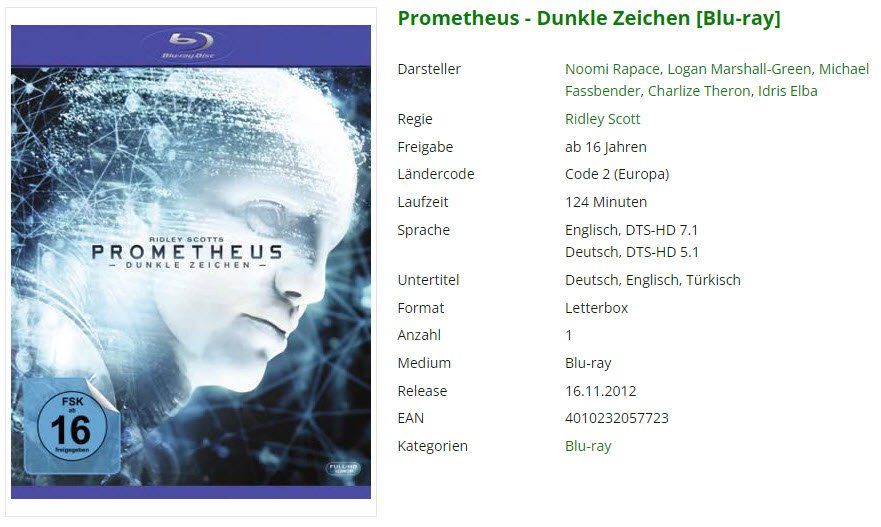 Tutti i DVDs: Prometheus - Dunkle Zeichen (Bluray) – Usato da Buchrain venduto da Sssschaller