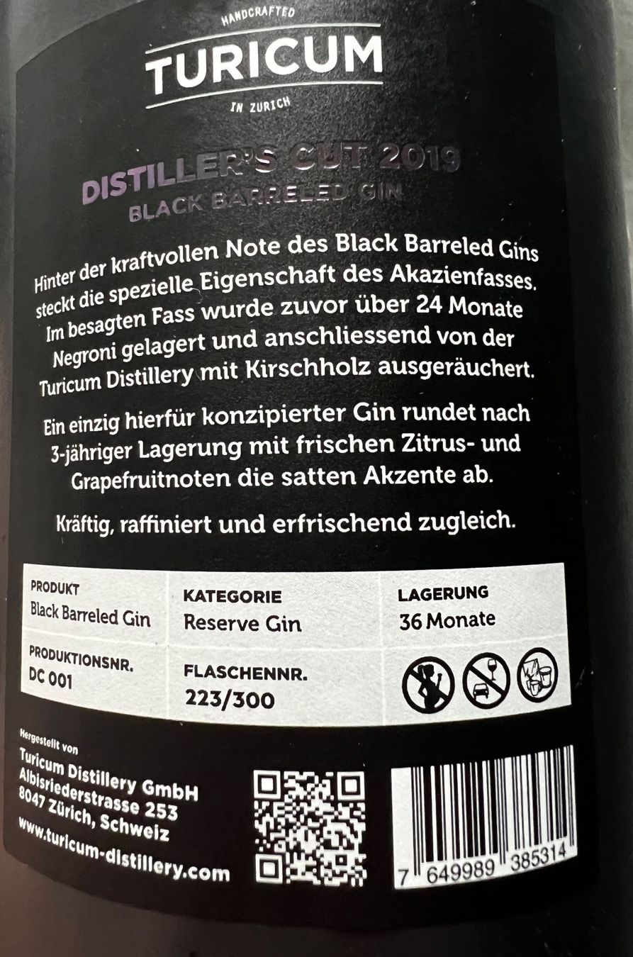 Bevande alcoliche: Turicum Gin Black Barrel 2019, 500ml, Reserve Gin – Nuovo e nell'imballaggio originale da Wila venduto da ank_t769 2