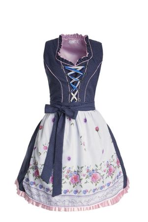 Damen Dirndl blau gepunktet mit weisser Spitzenbluse