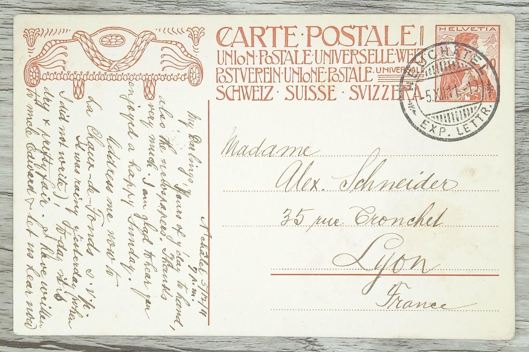 Tutti i francobolli: TR15 Carte Postale + Timbre Suisse 1911 – Usato da Cousset venduto da Patrick_Collections