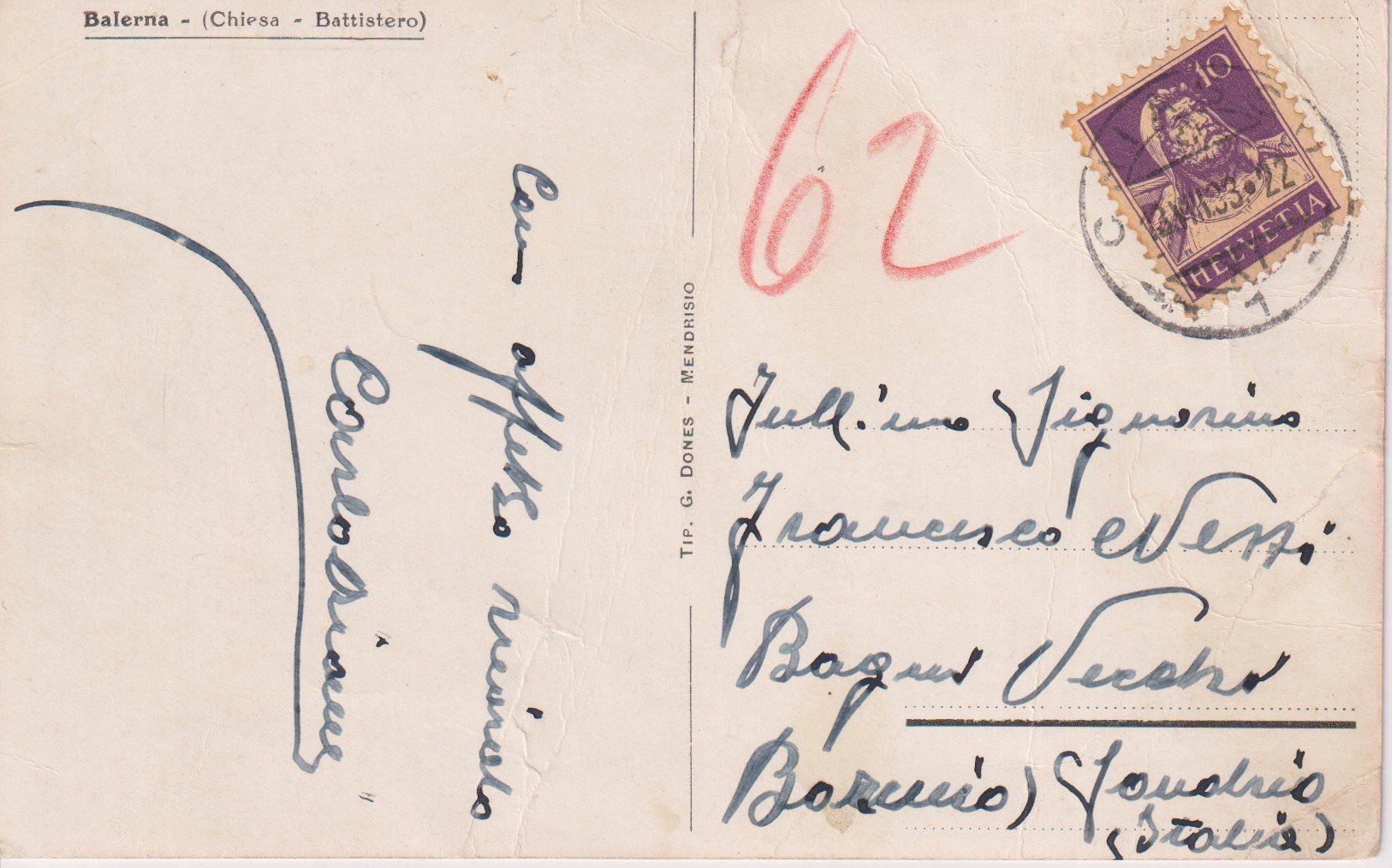 Cartoline postali: AK Balerna Chiesa e Battistero 1933 – Usato da Riva San Vitale venduto da MAR-NAPO 1
