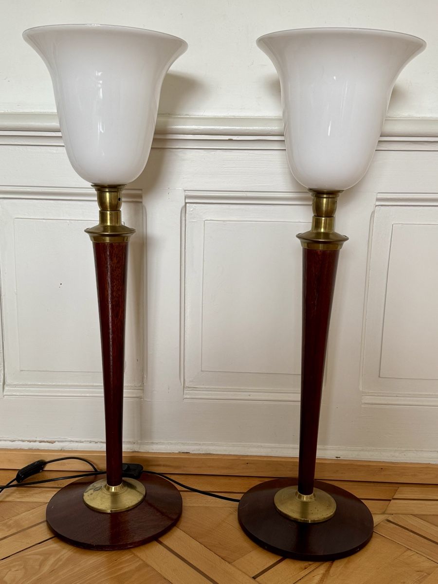 Lampade: Mazda Stehlampen - Set Holz / Messing / Opal Glas - Art Déco – Usato da Zürich venduto da Nobs1 1