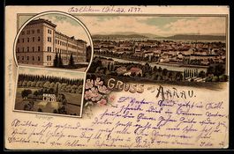 Lithographie Aarau, Kaserne, Alpenzeiger und Totalansicht