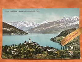 Alte Ansichtskarte: Thunersee, Spiez mit Schloss, Alpen