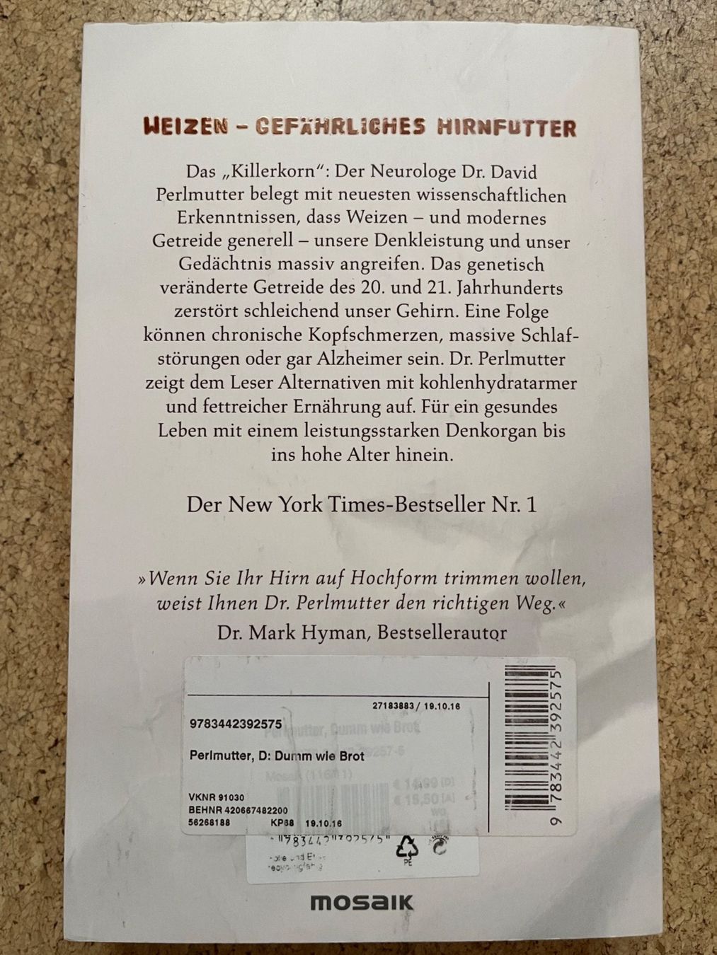 Bücher: Taschenbuch "Dumm wie Brot", Dr. David Perlmutter – Gebraucht aus Grosswangen von Vita500 1