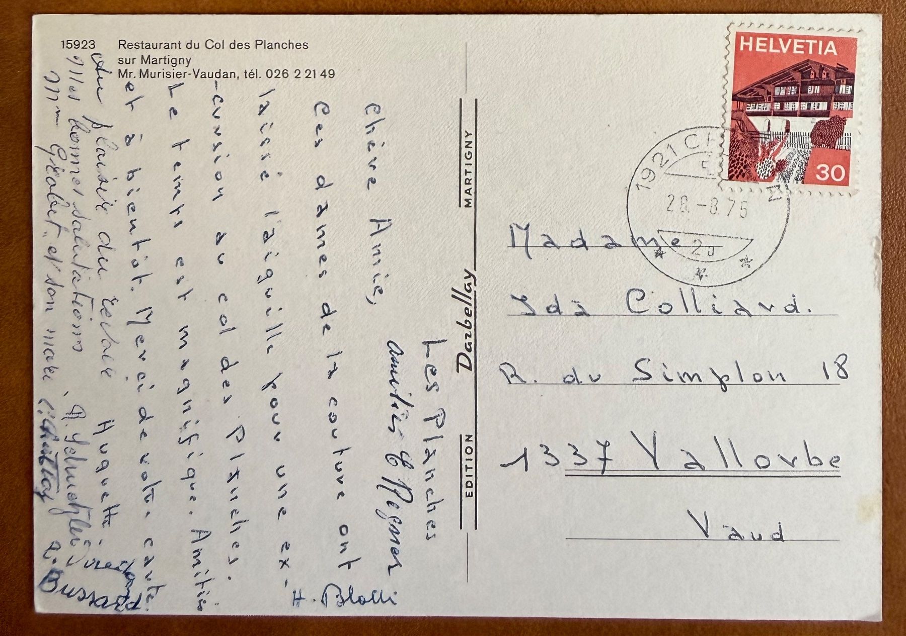 Cartoline postali: Martigny - Col des Planches  - Restaurant – Usato da Lutry venduto da Ediego 1