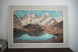 Ölgemälde Alpen Bergsee Gletscher signiert gerahmt 94cm