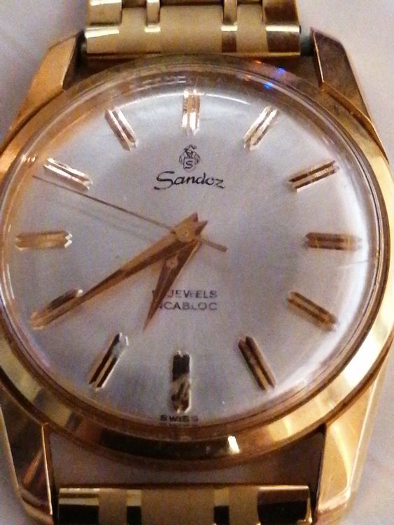Montre Vintage Sandoz 14K Or - Modèle 310G, Années 50 - Cadran Blanc, Bracelet Marron - Occasion Peu Portée