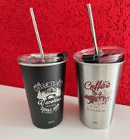2 Stk. Edelstahl Kaffee-Becher mit Strohhalm - 500 ml - NEU!