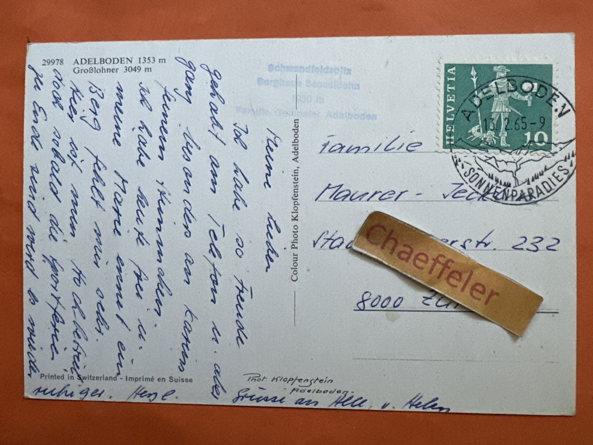 Cartoline postali: 1965 Adelboden, Grosslohner – Usato da Zürich venduto da Chaeffeler 1