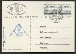 Ballon 1954 Schweiz Zürich Allgäu Luftpost