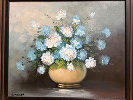 73 x63/R. Dominique/ Öl Gemälde, atemberaubende Blaue Blumen