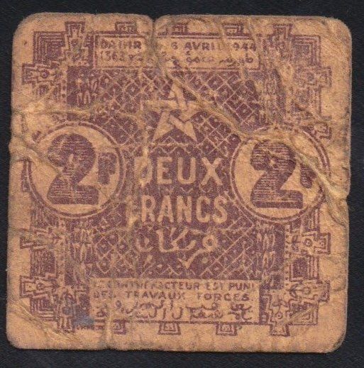 Banconote: Marokko 2 Francs 1944 – Usato da Brugg AG venduto da banknoten_muesli 1