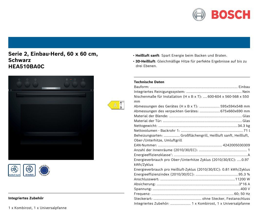 Cucine: 036 Bosch Serie 2, Einbau-Herd, 60x60cm, Schwarz – Nuovo (secondo la descrizione) da Derendingen venduto da Meisterstuecke 1
