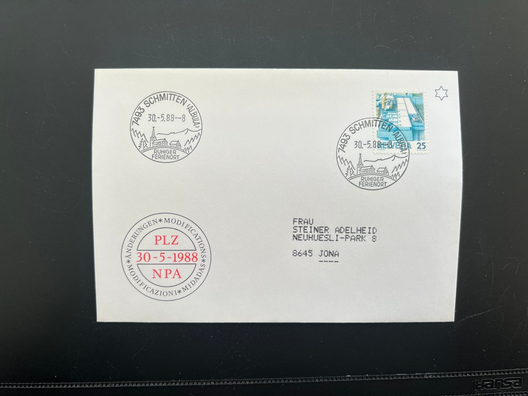 Tutti i francobolli: Schmitten Erstagbrief-Werbe-Stempel  (M888) – Usato da Hinwil venduto da Sidi4
