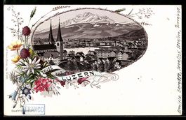 Lithographie Luzern, Blick über die Stadt auf die Alpengipfe