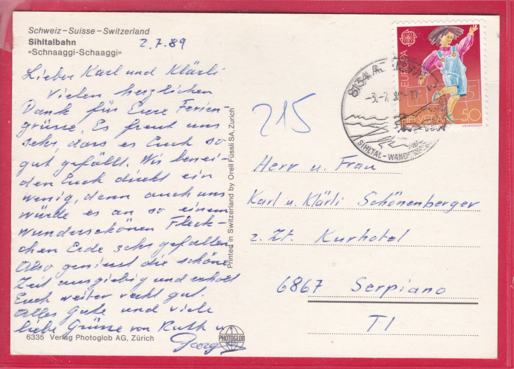 Cartoline postali: SIHLTALBAHN, SCHNAGGI SCHAAGI, 3.7.1989 – Usato da Oberrieden venduto da Gebirgsstelze 1