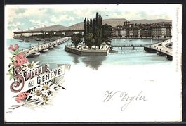 Litho Genéve, Flusspartie mit Dampfern 