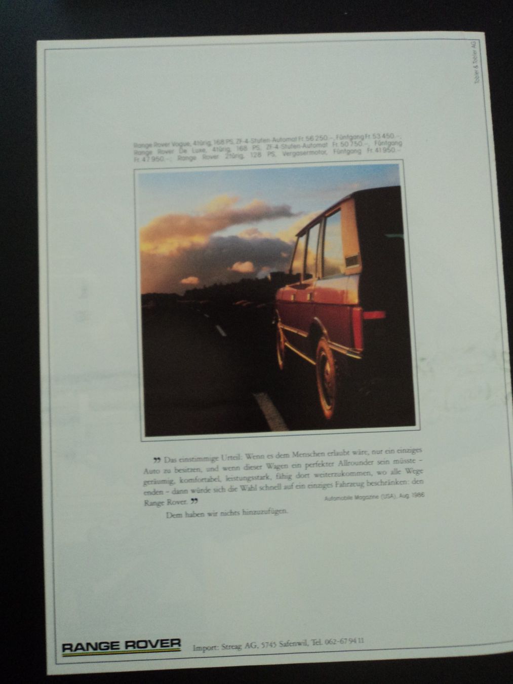 Rover Documenti: Prospekt Range Rover 1986 – Usato da Schwarzenburg venduto da modelCARama 3