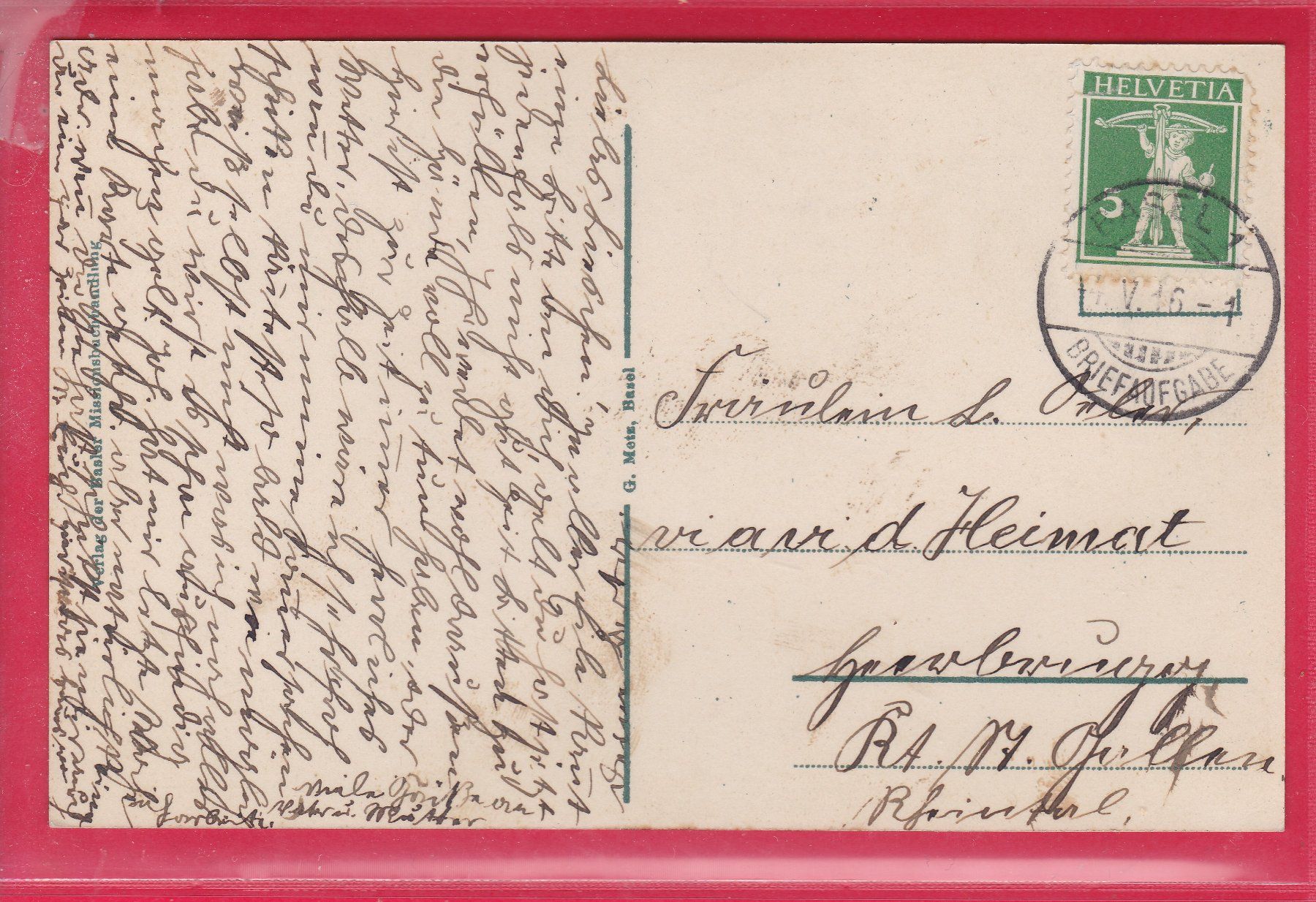 Cartoline postali: MISSIONSHAUS IN BASEL, 14.5.1916 – Usato da Oberrieden venduto da Gebirgsstelze 1