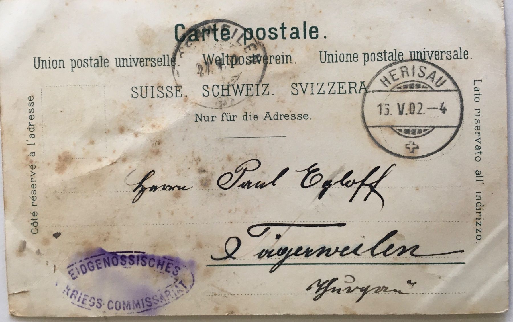 Cartoline postali: Gruss aus Herisau, Litho, 1902 – Usato da Frauenfeld venduto da Merk52 1