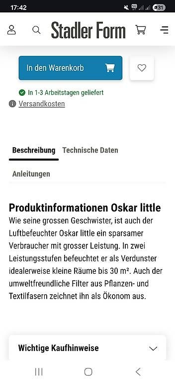 Umidificatori d'aria: Stadler Form  Oskar Luftbefreuchter Big & Little + 4 Filter – Usato da St.Gallen venduto da zauberfee16 4