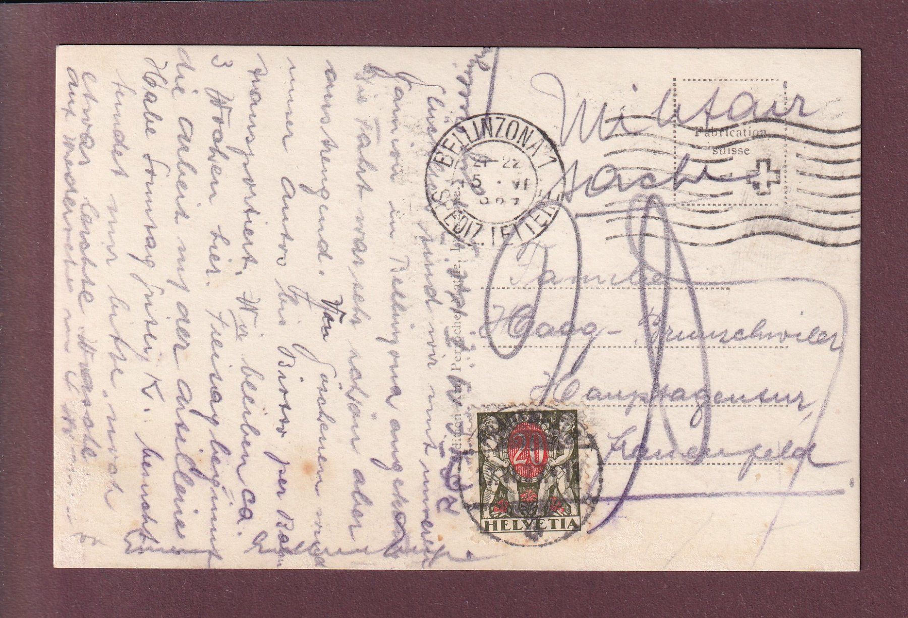 Cartoline postali: BELLINZONA - Pizzo Claro - 1927 – Usato da Pully venduto da nicecards 1