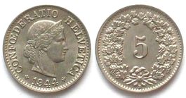 Schweiz EIDGENOSSENSCHAFT 5 Rappen 1944 Ku-Ni unz