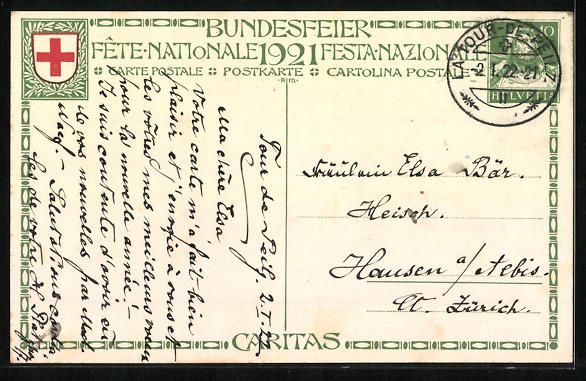 Cartoline postali: Schweizer Bundesfeier 1921, Krankenschwe – Usato da Berlin venduto da bartko-reher 1