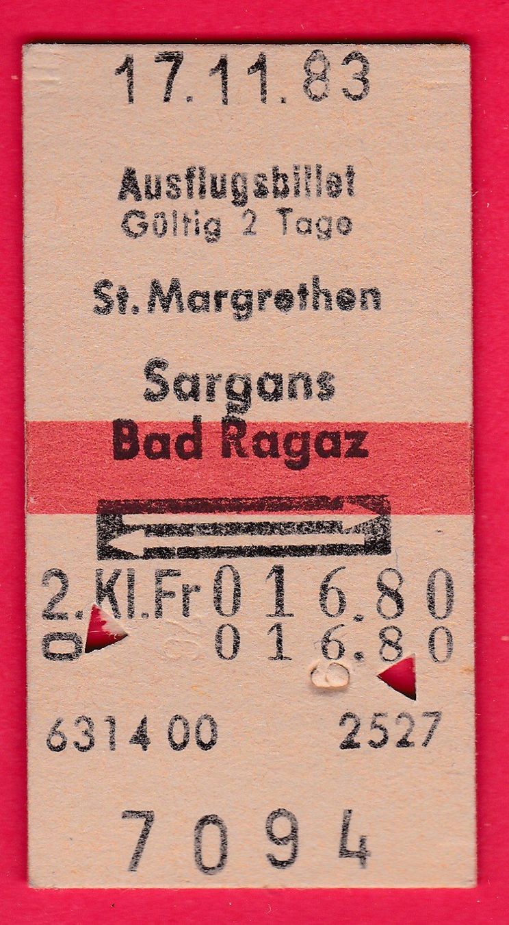 Tickets: SBB KARTON BILLETT, ST.MARGRETHEN-BAD RAGAZ, RETOUR, 2.KLASS – Gebraucht aus Oberrieden von Gebirgsstelze