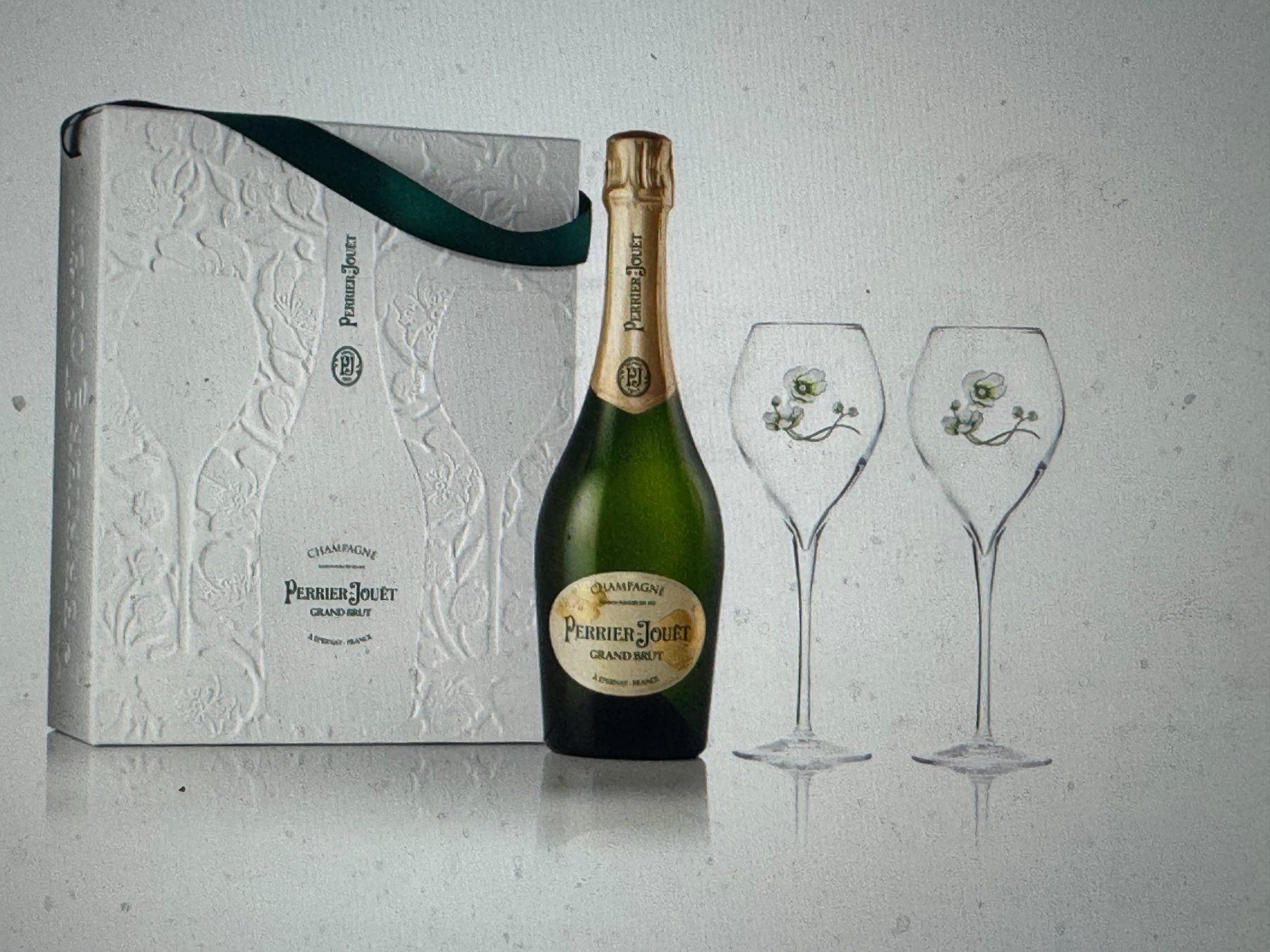 Vino: Perrier-Jouët Grand Brut Giftpack 2 Gläser – Nuovo e nell'imballaggio originale da Gockhausen venduto da Aston