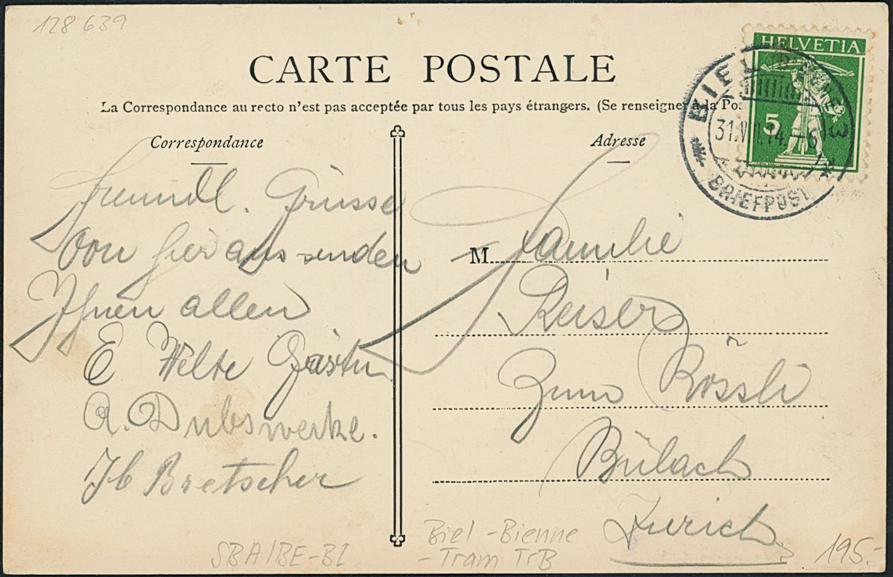 Cartoline postali: BE Biel - Bienne - Tram TrB – Usato da Schindellegi venduto da leecollect 1