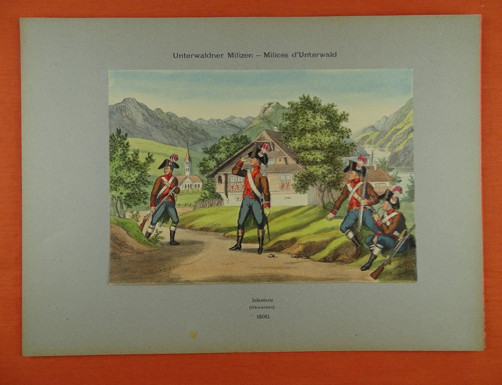 Grafiken & Lithographien: UNTERWALDNER MILIZEN LITHOGRAPHIE ~1890 – Gebraucht aus Grüningen von Kartensammler 1