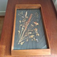 Plateau noyer et fleur séchée vintage mid century