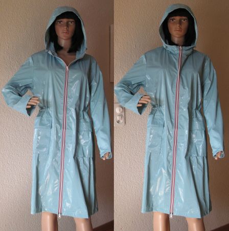 NEU langer hellblauer DESIGNER Lackmantel Parka ESCANDELLE