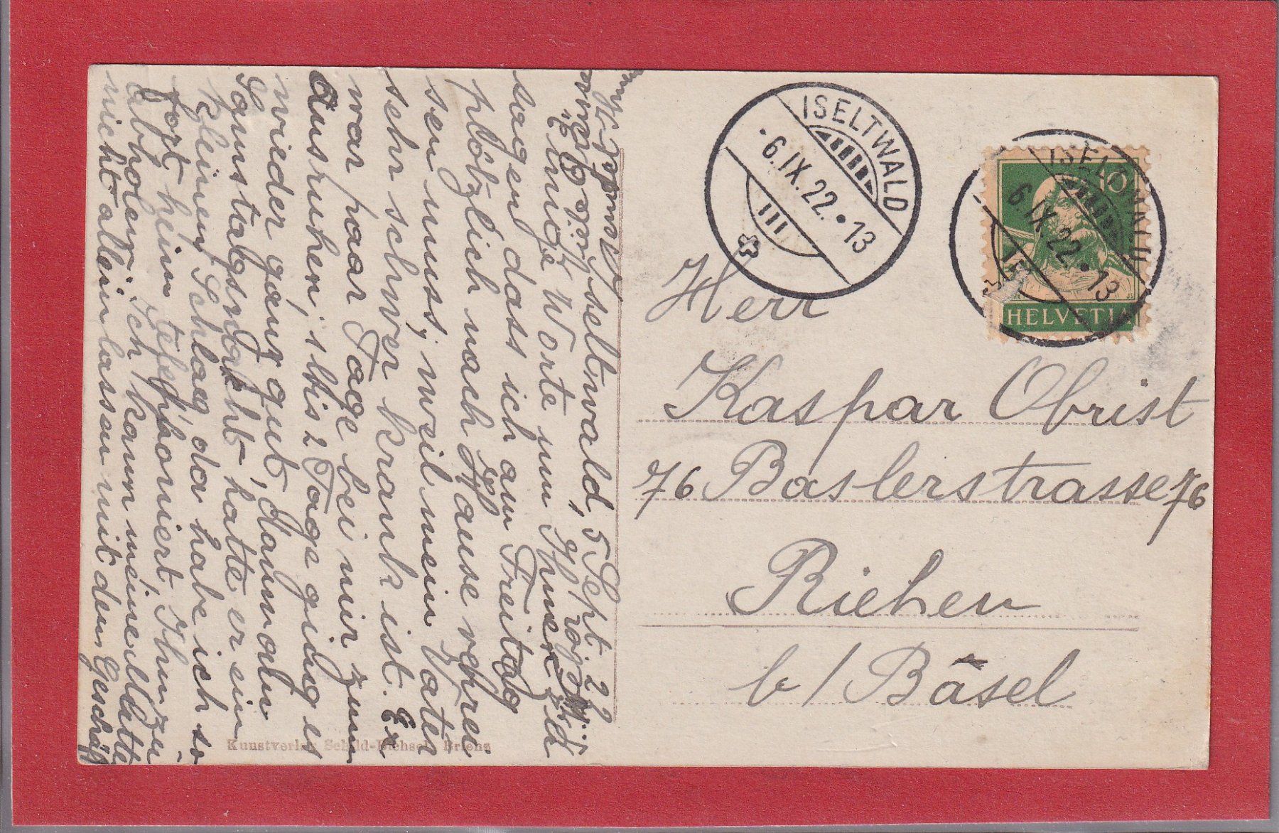 Cartoline postali: Hôtel Schweizerhof - Iseltwald - 1922 – Usato da Orvin venduto da Pyaeschli 1