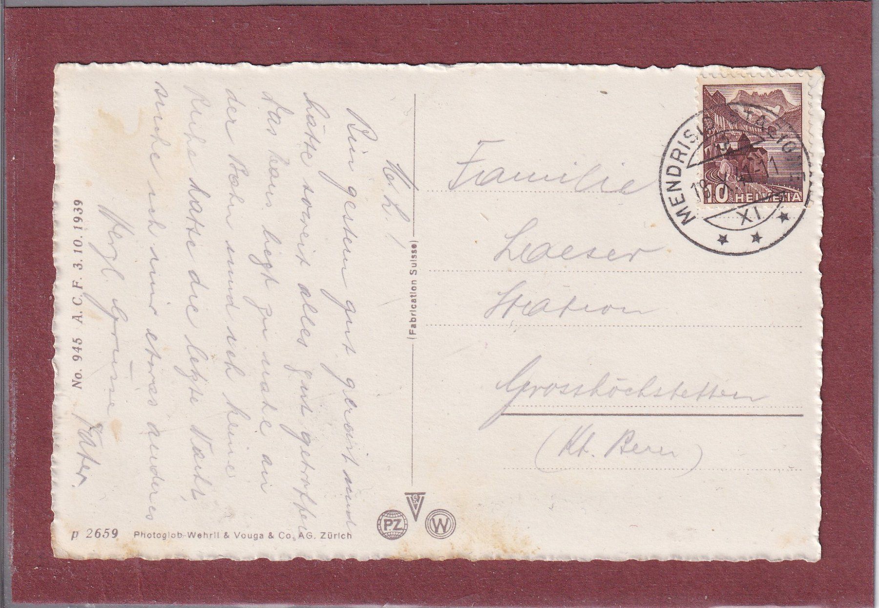 Cartoline postali: Mendrisio - Stazione - 1941 – Usato da Orvin venduto da Pyaeschli 1