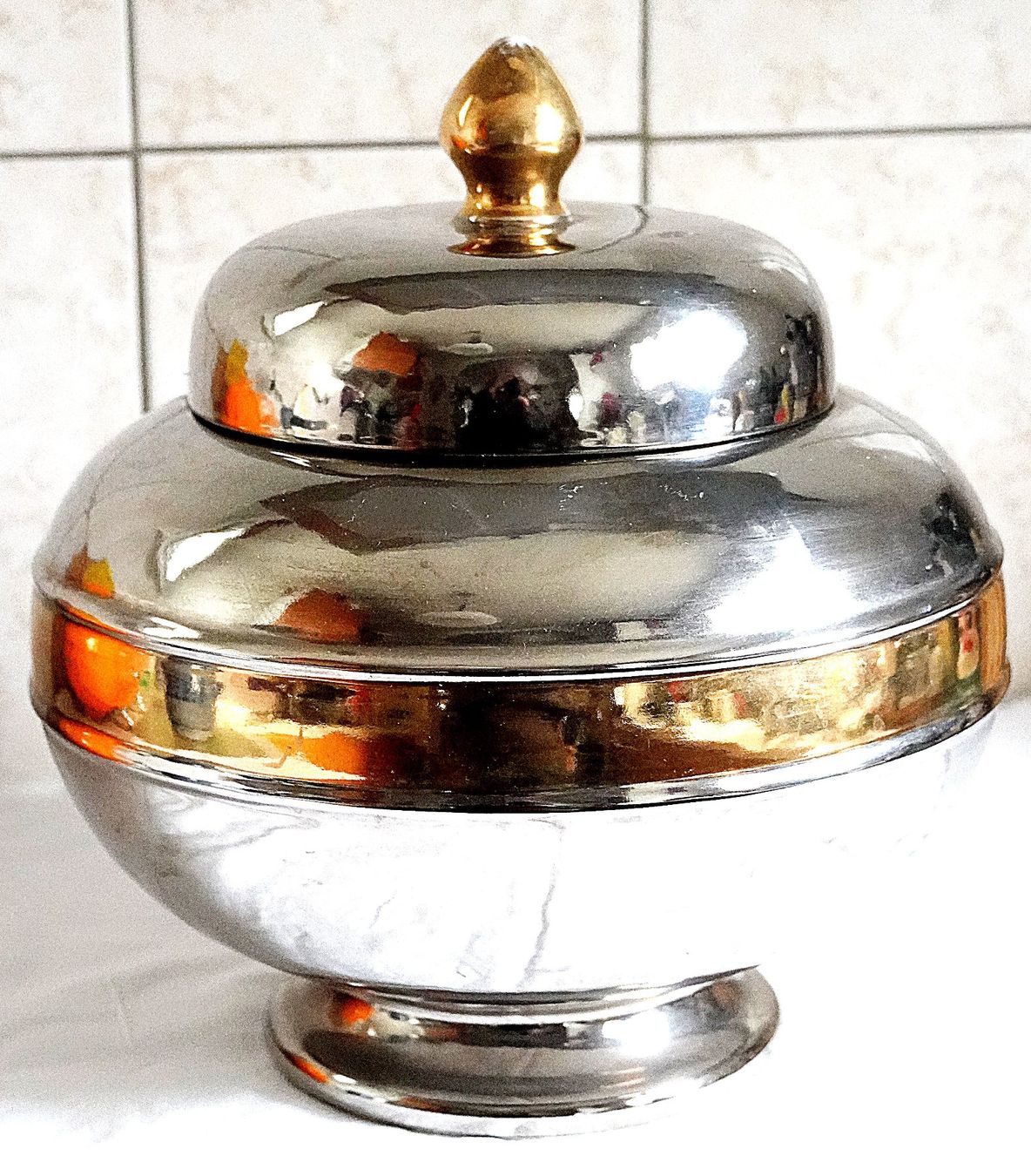 Pentole: Art Deco Steingut Dose Verchromt /Vergodet – Usato da Baar venduto da 2cvbaar 1