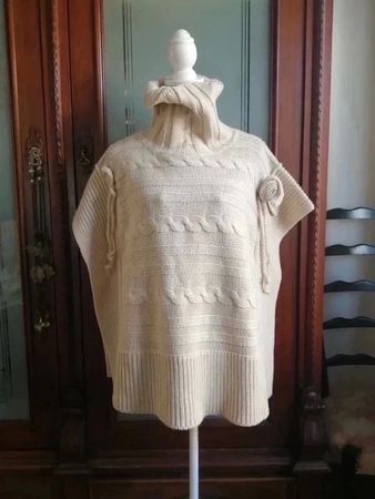 Vintage Rollkragen-Poncho, Strick, beige, One Size